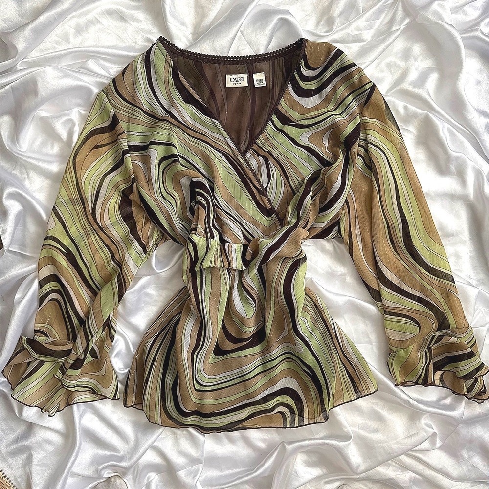 Cato Woman Psychedelic Swirl Metallic Chiffon Blouse Brown Green 22/24W